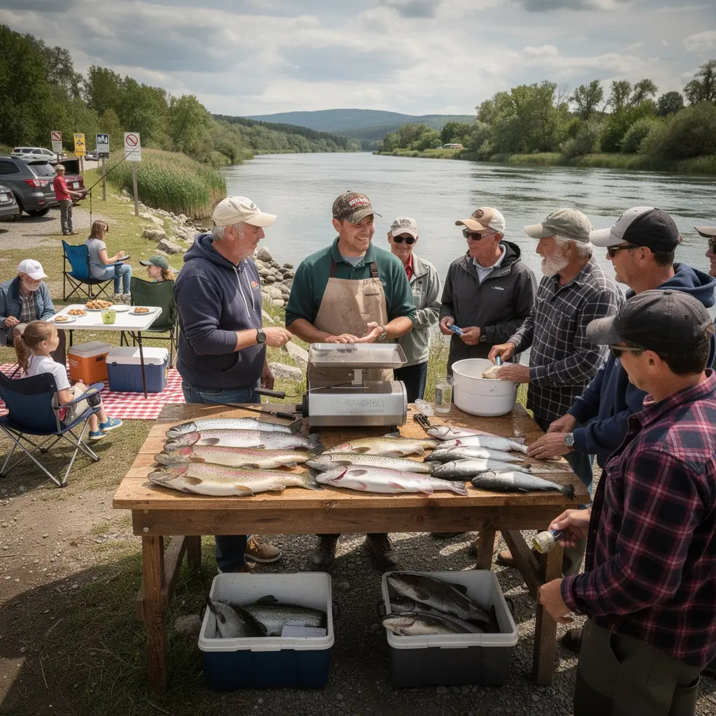 An angler proudly holding a freshly caught trout with a smile on their face.