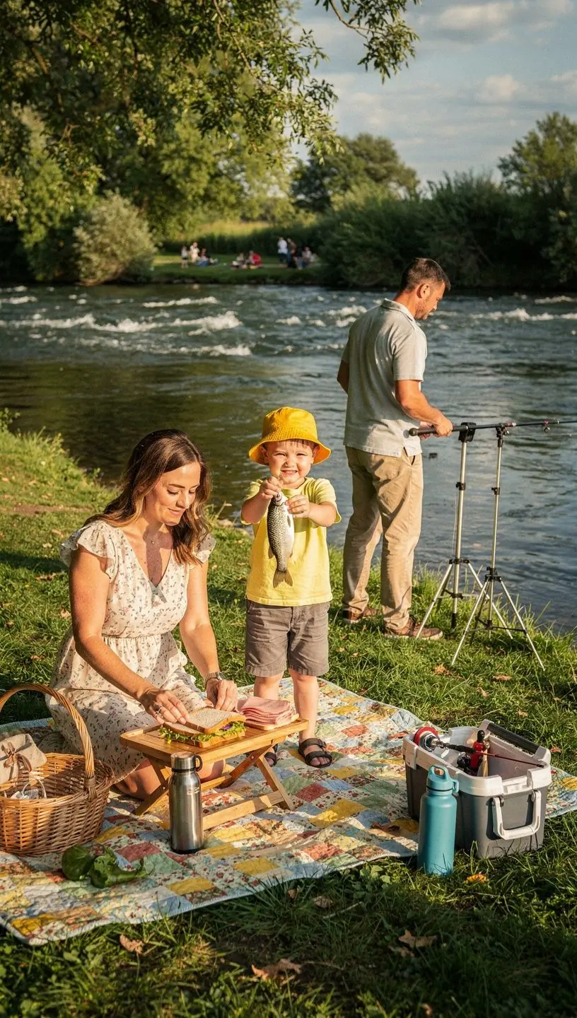 A display of various fishing tackle and equipment neatly arranged on a store shelf.