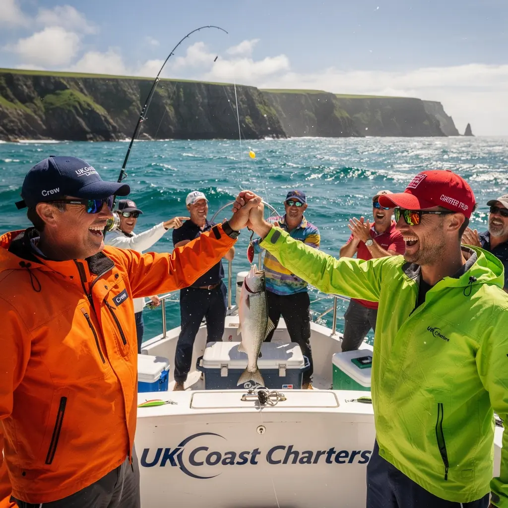 A colorful display of fishing tackle including rods, reels, and lures arranged neatly on a shop shelf.