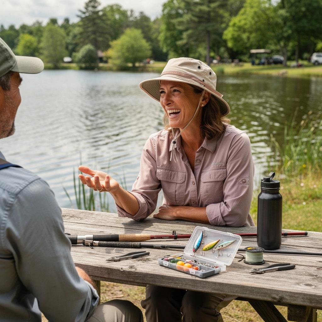 An aerial view of a picturesque fishing spot, with boats floating on calm waters surrounded by rolling hills.